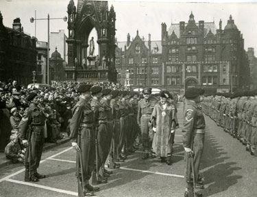 Lord Mayor of Manchester with Major Robert Edwards inspecting the parade in Albert Square.