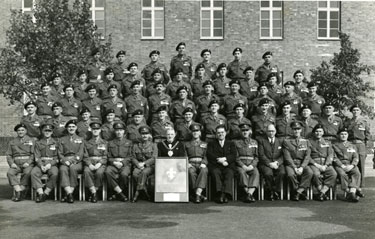 Group of Warrant Officers and Sergeants from 1st Battalion with Lord Mayor of Manchester and a Manchester Councillor.