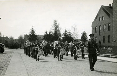 Band and drums lead by Bandmaster Spooner, leading the Guard off the parade ground to Spandau Gaol.