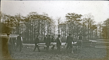 Group of men from the Pals Battalions building hutments in Heaton Park