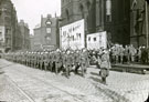 View: MR02777 Unknown service battalion marching through Albert Square past the Town Hall in Manchester city centre