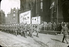 View: MR02802 Service battalion marching through Albert Square past the Town Hall in Manchester city centre